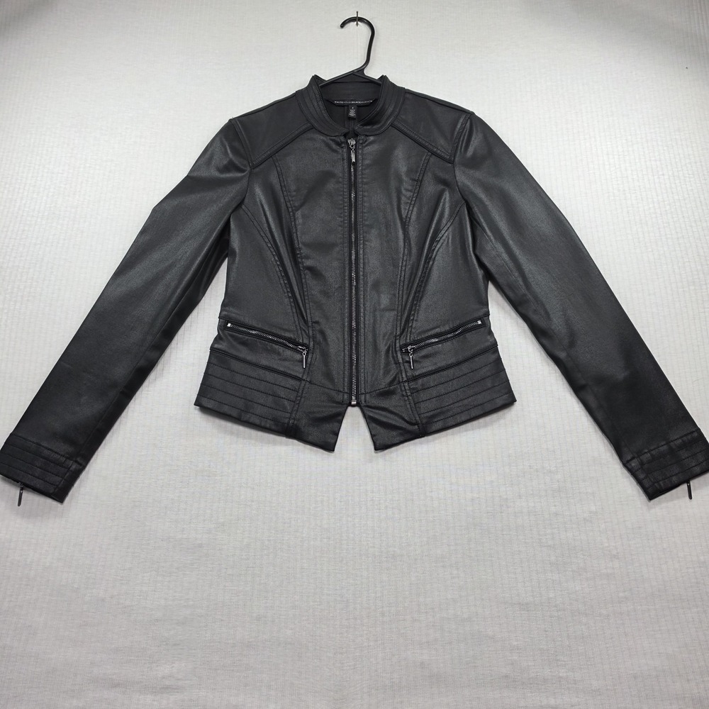 WHBM Modern Downtown Chic Black Zip Up Coated Moto Jacket Size 4 Streetwear